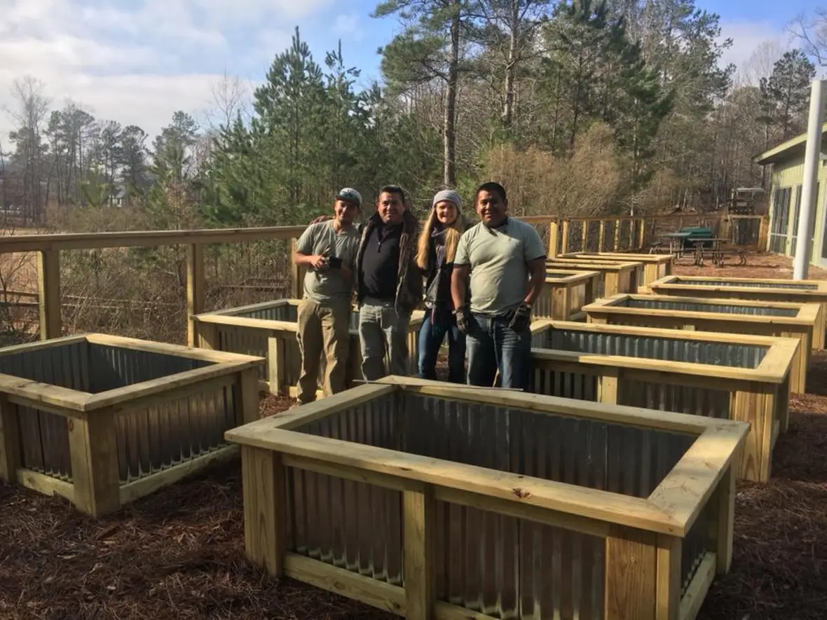 A group of people standing around some raised beds.