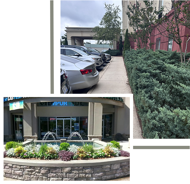 A collage of two different pictures with cars parked in front and a building.